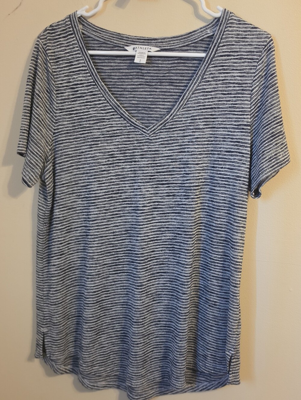 Athleta Black and White Stripped V Neck T Shirt. In EUC - Picture 2 of 4
